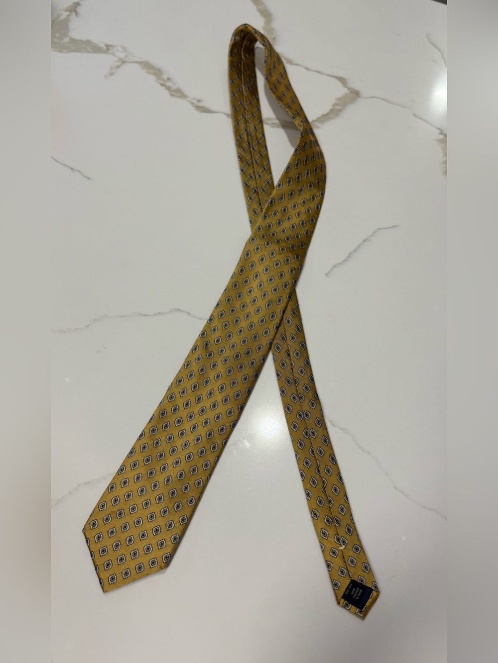 Jos. A. Bank 100% Silk Tie Gold & Blue Geometric Square Medallion Necktie